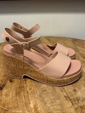 Reef Blush Pink Cork Wedge Sandals with Ankle Strap Size 10